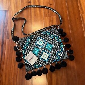 Ruggine Bag Purse Boho Blue Black Embroidered Pom Pom Fringe New NWT Small